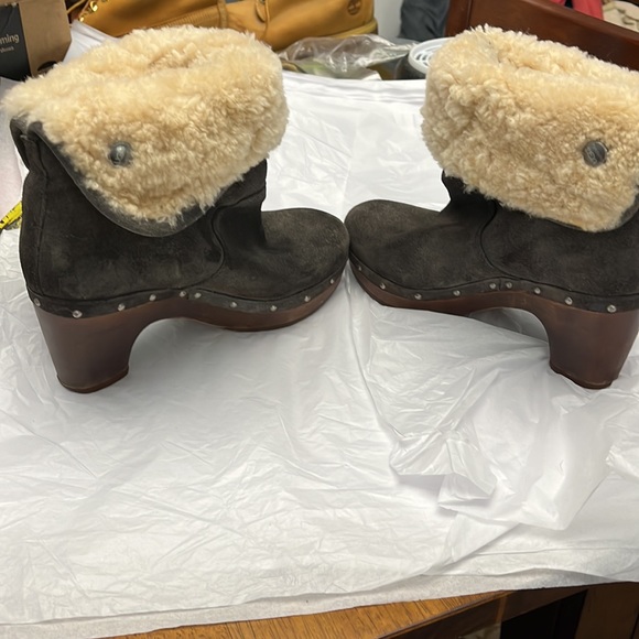 UGG Lynnea Shearling Studded Boots, Charcoal gray suede, wooden heels - Picture 11 of 12